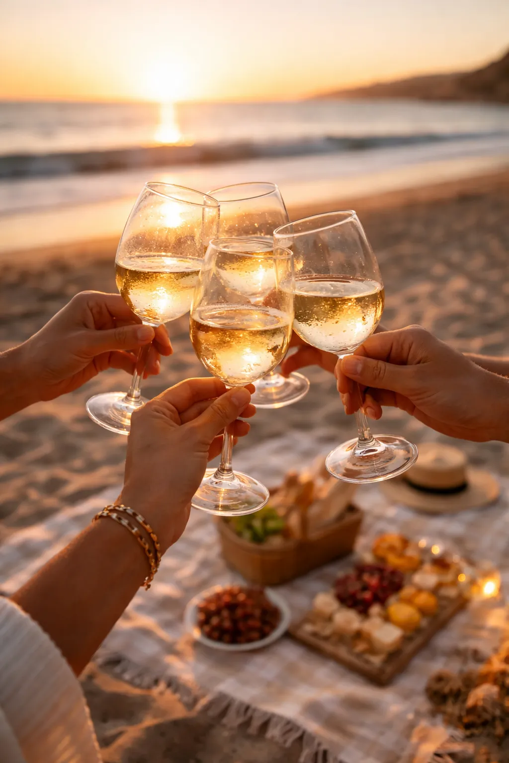 Friends clinking white wine glasses over a beach picnic at sunset, golden light reflecting off the Atlantic