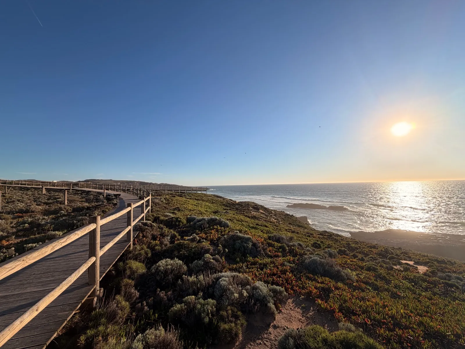 Wooden boardwalk stretching toward the Atlantic at golden hour, low sun reflecting off the ocean beyond coastal scrubland