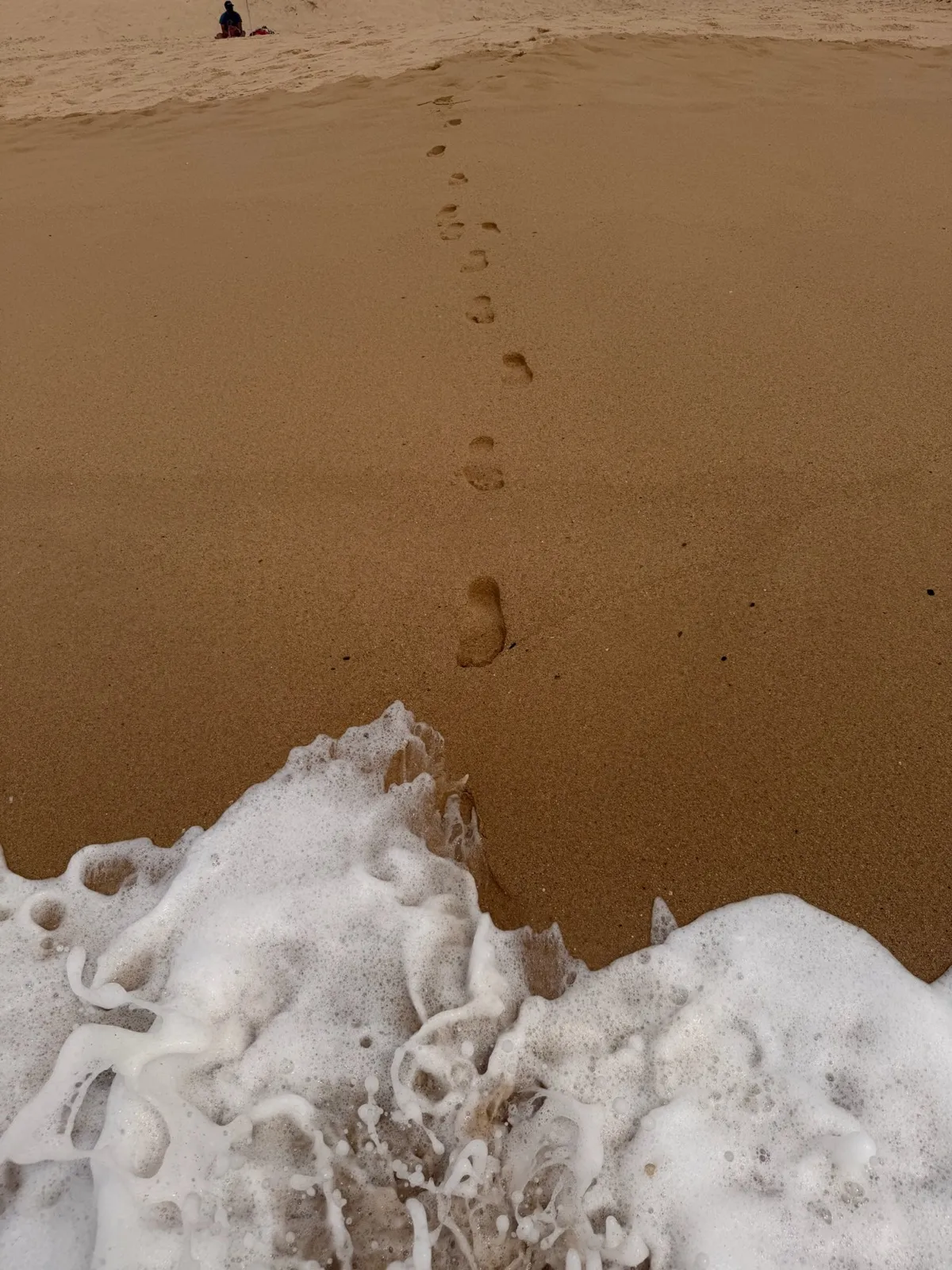 Bare footprints trailing across wet sand as Atlantic waves wash ashore