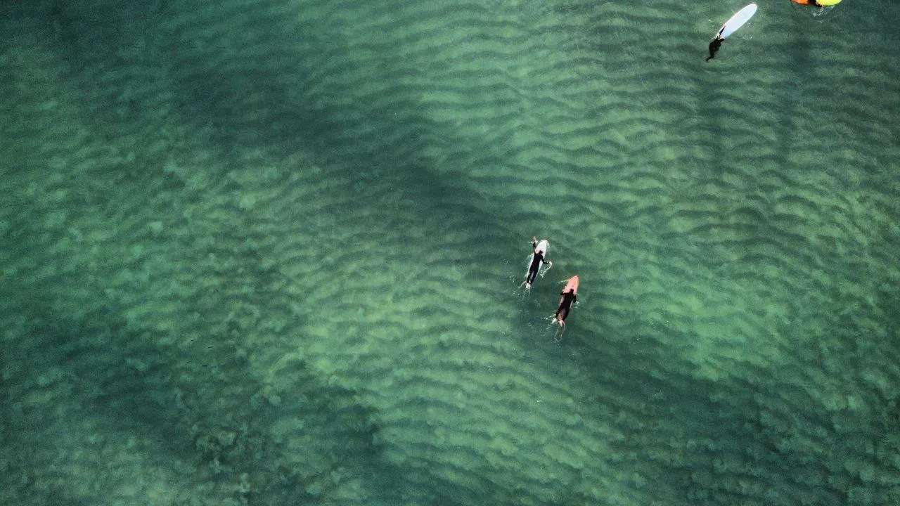 Aerial view of surfers paddling in turquoise Atlantic waters off the Alentejo coast